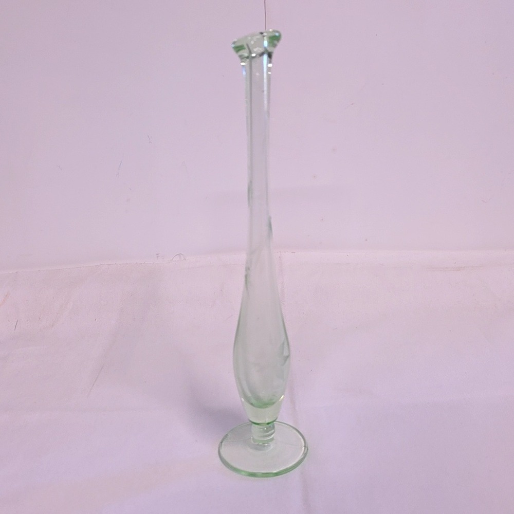 Vintage Uranium Glass Bud Vase Green Etched Floral 10" UV Reactive Art Deco